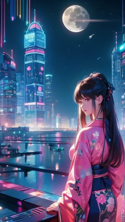 8k、 Ultra High Definition、Beauty、beautiful、 detailed、 realistic 、Realistic、 realistic 、Jet Black Hair、 straight hair、((Wearing a Japanese-style kimono))、 back view、((Facing and looking back to the right ))、 standing、(( Future City))、(( Cyber))、neon、Near fu...