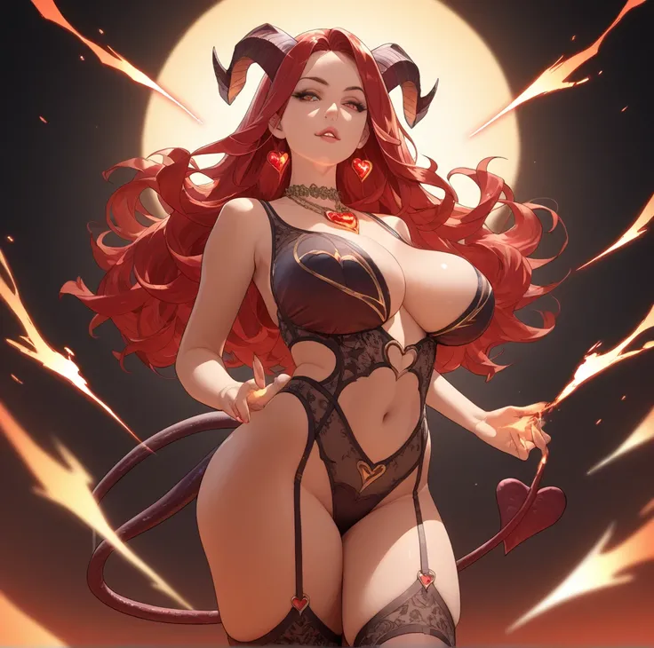 seductive succubus, long wavy red hair, succubus black revealing clothes, horns, big breast, big butt,  radiant jewel necklace, demon tail with heart-shaped tip, floating energy sparks, fiery infernal setting, soft red and fuchsia glow, illustration, Obra ...