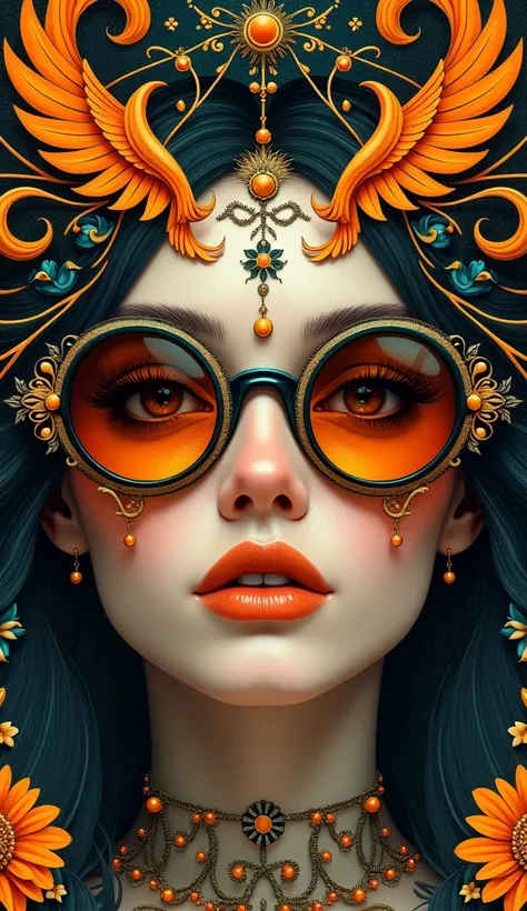 Woman in sunglasses, close-up, fantasy art elements, orange accent details, trending CGSociety, acclaimed Adobe Stock, Alphonse Mucha style, 4K resolution, symmetrical composition inspired by Andrei Riabovitchev, ornate detailing reminiscent of Dan McPharl...