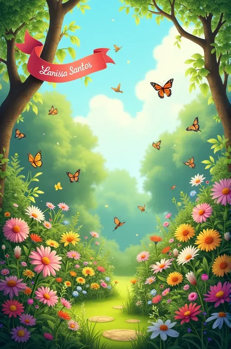  Make a green space a beautiful garden with flowers butterflies little birds, With a ribbon written by Larissa Santos 