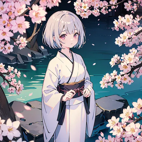  petite woman with a soft demeanor、 gray kimono 1 .1、 brown Japanese sword 、Small breasts 1.5、hanging eye 1 .3、Cherry blossom colored short hair 1 .5、
