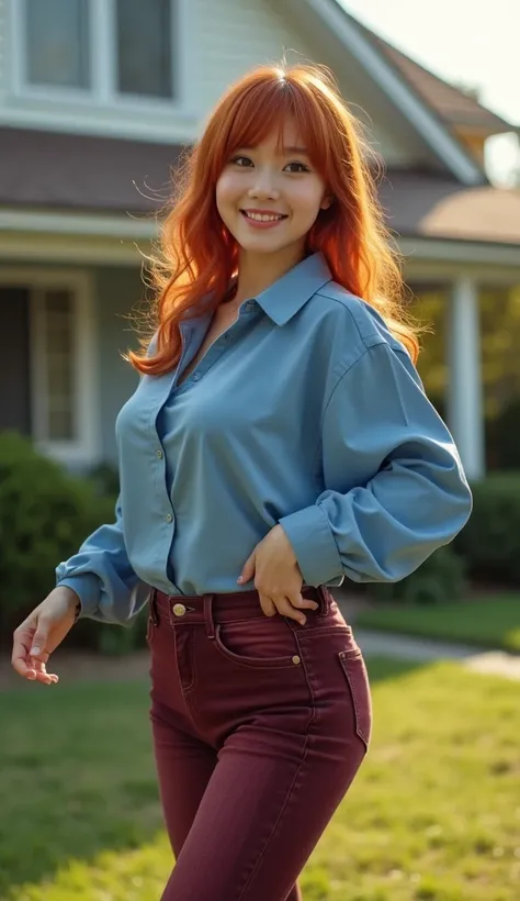 (best quality,4k,8k,highres,masterpiece:1.2),ultra-detailed, 1woman, Japanese woman, gyaru, five foot five inches tall, 24 years of age, ginger colored hair, mole by her left eye, blue button up blouse, maroon jeans, large swollen breasts, wide hips, danci...