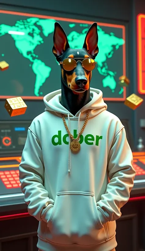 A hyperrealistic depiction of a Doberman with a human body, dressed in a sleek white hoodie with "$DOBER" in bold green Lava Pro Rough font. Sunglasses big golden necklaces The Doberman is standing at a futuristic control panel with a glowing holographic m...