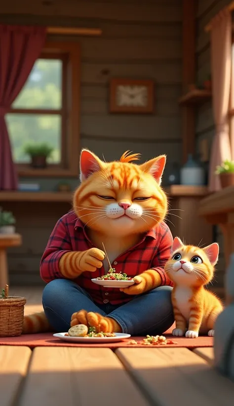 In cinematic 3D style ,HD image, realistic image, colourful image. 
Character, very weak Johny big Orange cat wearing red check shirt and blue jeans.
Action,Inside a hut, Very Weak,Johnny Big Orange Cat and Lina Big Cat and Baby Cat are sitting on the grou...