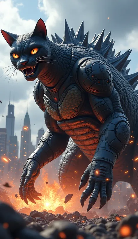  Félix-Zilla super muscular black cat with futuristic armor punches Godzilla in the belly