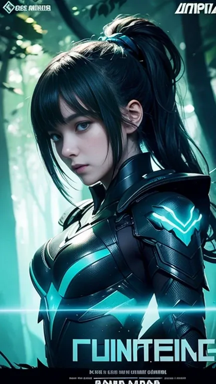 Advertising poster. Bioluminescent tropical girl with carved armor suit emerge from the forest in the dystopian style