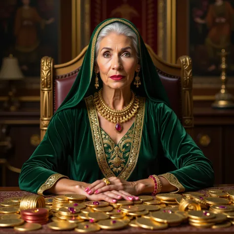 A sophisticated elderly Middle Eastern woman,lit from the front, creating clear facial features and details, with soft, even lighting coming from the front, looking foward(front view portrait), in a apple green velvet dress with golden embroidery sits befo...