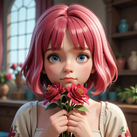 score_9, score_8_up, score_7_up, 3d render, 1girl, blue eyes, pink hair, medium hair, glower in hand, flower, holding a flower in front of his face, crimson bloom, crimson flower,