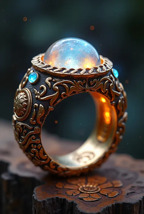  Create a detailed image of a majestic ring known as the Star Ring .  The base of the ring is carved from sacred wood of the Great Spirit Tree ,  with intricate designs carved on its surface .  The band is adorned with details elaborated made of rare and p...