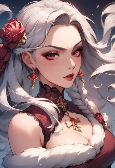 Create a digital painting of a mysterious character with long, flowing silver hair and striking red eyes. She wears an elegant, dark red outfit adorned  a red rose in her hair. The background features dark, ornate patterns with hints of crimson light, evok...