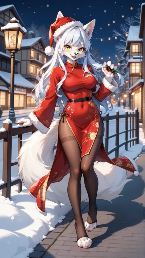 Furry , Anthropomorphic fluffy fox, blue and white hair,  animal paws ,  tantalizing paws ,  detailed paw soles ,  happy yellow eyes ,  long hair, long qipao , in tights, winter, Lots of snow on the streets., темная Night,  Santas winter and Christmas clot...