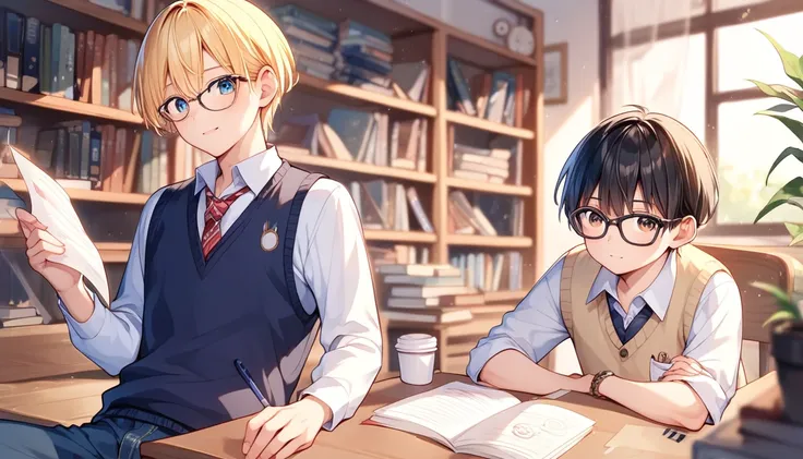 library: 어두운 톤의 조명이 켜진 library.  Students who open books and notebooks are focusing on something .
Character:
Friend C  (boy):  Slightly perm, short hair, black glasses . Wearing a hoodie and black padding.  wears coffee cup .
 Friend D  (schoolgirl):  wit...