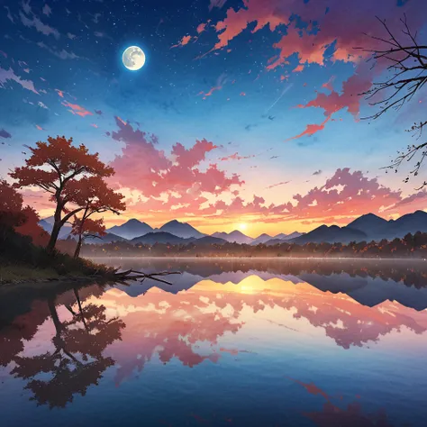  drawn with a touch like watercolor painting 、 in a smoky blue sky 、 pink clouds float 、 Silhouette Mountain 々A series of autumn dusks 。 old tree branches extend into the sky at sunset 、 The moon reflected on a quiet lake surface emits fantastic light。 lon...