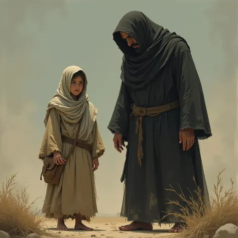 A beautiful Arab girl, young, on earth, wears old clothes. She married her father. She stands in front of her and gives her orders. Next to her is her daughter who is the same age as the girl who cleans. Illustrations 