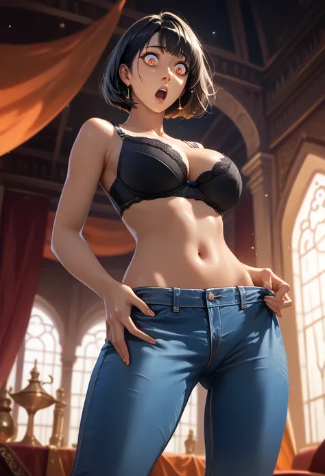 Anime, masterpiece, best quality, one girl, arabian girl, alone, solo, (dark skin: 1.3), black hair, ((short hair)), ((((wearing: black bra, black underpants, blue jeans)))), ((pose: holding pants)), (shocked expression, looking down), big breast, Detailed...