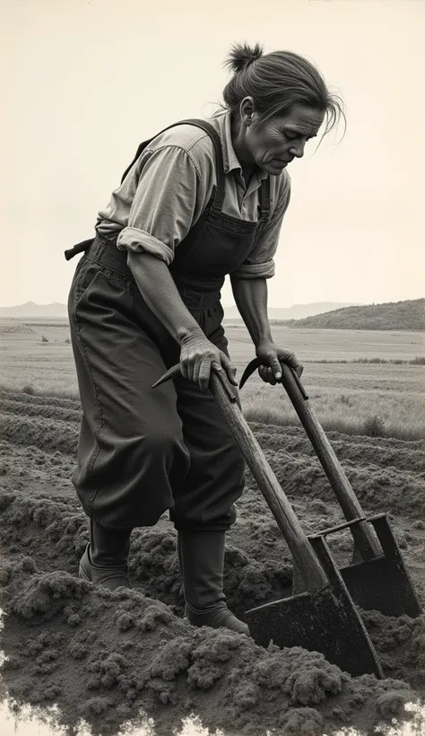 A lithograph of a hardworking farmer woman plowing the field, with fine textures and soft shading in black-and-white tones, High Resolution, Masterpiece, Best Quality, 