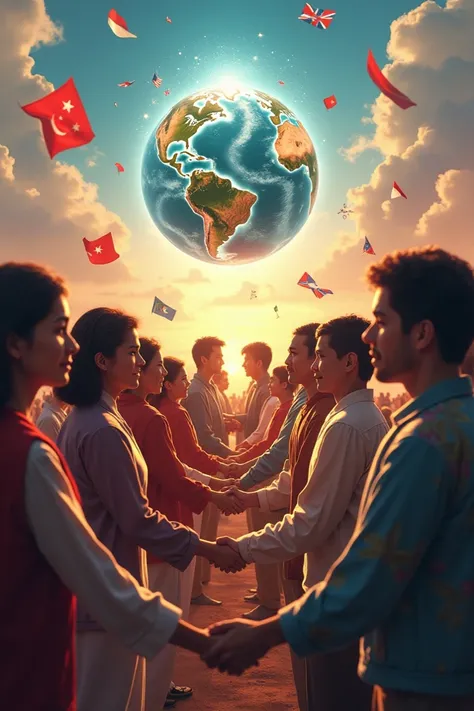 A diverse group of people from around the world holding hands around a glowing globe. Flags from different nations flutter in the background, symbolizing unity and collaboration for a better future.