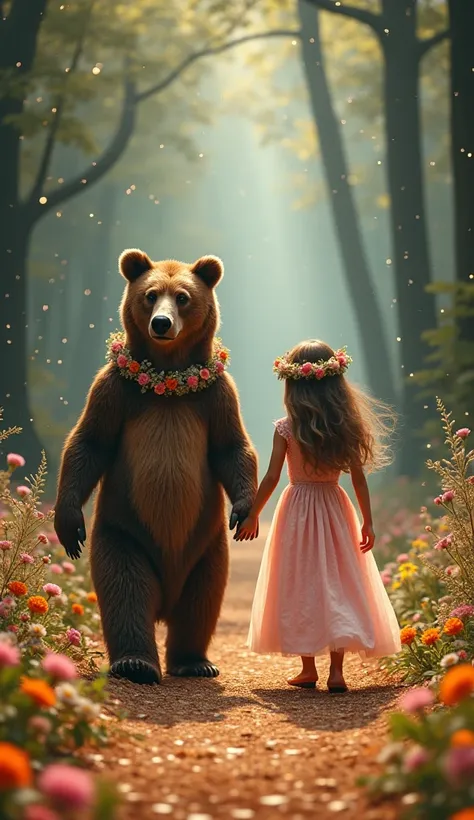 " A  in a fairy dress walks hand in hand with a gigantic brown bear wearing a wreath of flowers around her neck.  The runway is covered by a carpet of vibrant wild flowers ,  with magic fireflies floating around and an enchanted forest as a backdrop .  THE...