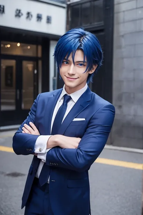 Anime thick paint , cobalt blue hair,Blue Eyes, handsome,smile,From diagonally ahead, cross your arms,suit