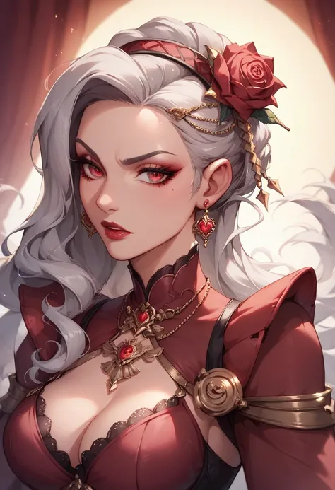 Create a digital painting of a mysterious character with long, flowing silver hair and striking red eyes. She wears an elegant, dark red outfit adorned  a red rose in her hair. The background features dark, ornate patterns with hints of crimson light, evok...