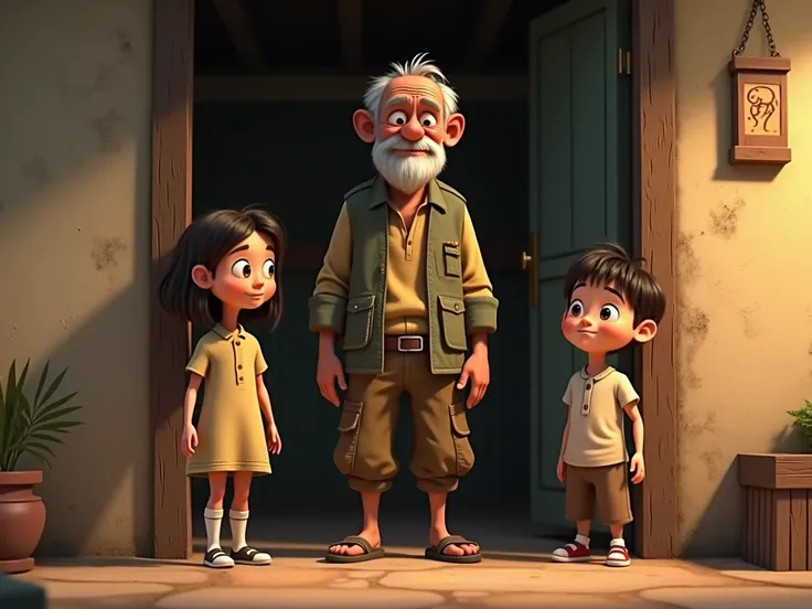 Animated image of a girl and a boy at the entrance where an old man was, humble looking,  with patched clothes and a deep look.