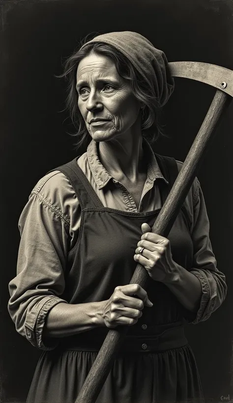 A mezzotint portrait of a farmer woman holding a scythe, with dramatic lighting and rich shadowy details