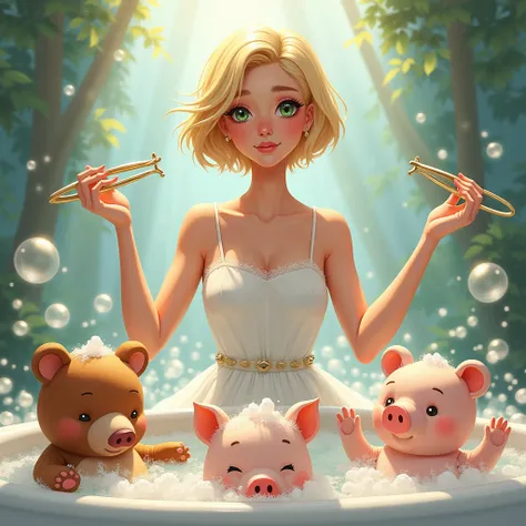 Beautiful short blonde woman with tweezers in both hands bears and pigs taking a bath bubble shower sparkling