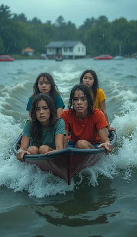 (photorealism:1.2),  4 young women , drifting on the lake, wearing a multicolored t-shirt, frantic facial expression ,  torrential and choppy water currents,  there were cars and houses washed away , rainy atmosphere, afternoon, panoramic image , cinematic