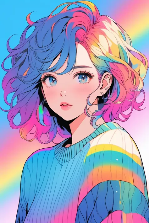 illustration, anime , realistic ,sketch , cute woman, lip, Sweater, blue gradient background, neon rainbow hair, textured crop, ultra detailed, absolutely resolution, masterpiece