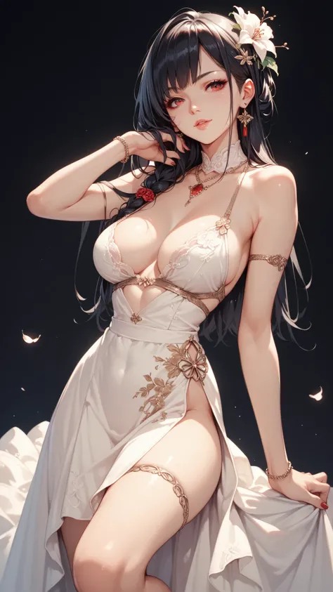 Anime girl, sexy girl, sexy figure, wearing traditional dress, showing her one side bra, red eyes, black hairs, simple light black background.