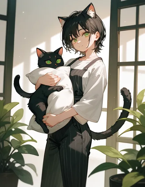 girl,Black hair,Short hair,Cat ears,,dribbling,Standing Lull , Holding Side Pillow , small breasts, Black Yukata Dress , Trousers,With black tail ,cute, in the green eye, chainsaw art,Thin,Tall, High Detail