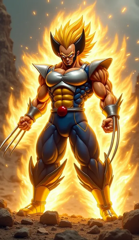 ultra realistic photo A stunning hybrid character that combines the iconic features of Wolverine and Vegeta Super Saiyajin, standing powerfully in a dramatic pose. The fused character has Wolverine’s muscular build and wild, feral attitude, with Vegeta’s d...