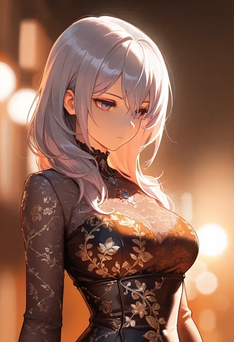 , alisa kujou, gray hair, expressionless, solo beautiful woman, (best quality,4k,8k,highres,masterpiece:1.2),ultra-detailed,intricate details, high fashion, dramatic lighting, warm colors, chiaroscuro