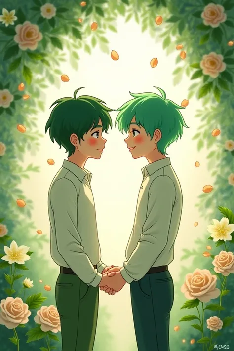 A marriage between two boys with short green hair 