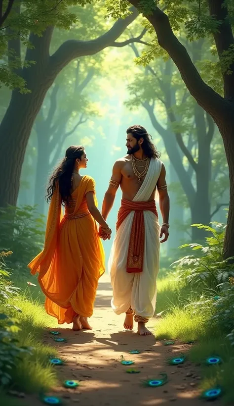 Ram and beautiful sita walking in thick forest and peacock feathers fell in that path path which contains peacock feathers