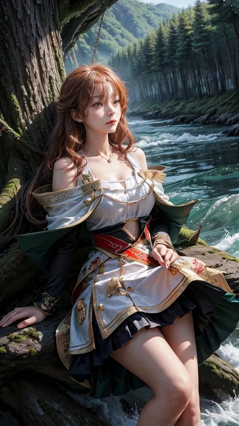  High Resolution ,  high detail,  High Quality , Sea of Trees，:river，A Japanese girl ，, Curl ,  wearing a wave dress with her hair ,  Textured Skin , Big breasts， in swinging hair，Have fun playing with water ，