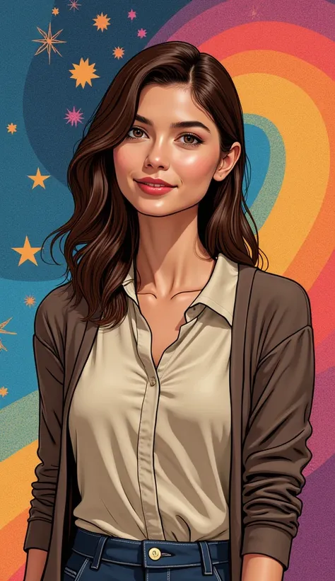 "An adult American woman in a comic book style, with realistic and elegant features. She is dressed in discreet, casual attire, such as a neutral-colored blouse and simple cardigan, appropriate for an understated yet refined look. Her hair is naturally sty...