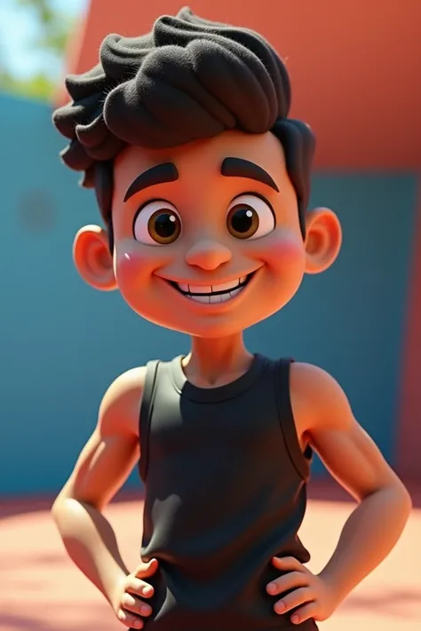 Create a 3D human mascot with a black shirt and curly hair 