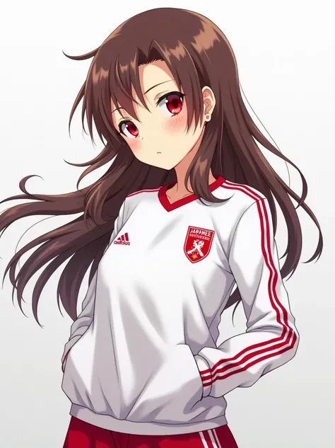 Brown haired girl , with red eyes, beautiful teenager, anime version or style with a sweatshirt from the technical staff of the Japanese national team