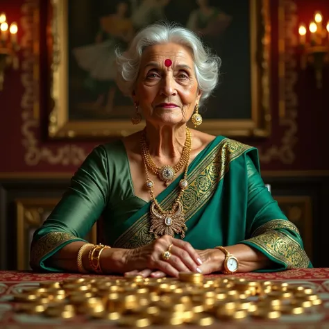 A regal elderly South Asian woman dressed in a luxurious strong green and complementary  color silk sari with golden embroidery sits at a table covered with gold coins, gemstones, and ruby necklaces. Her golden necklace and diamond earrings shine, reflecti...