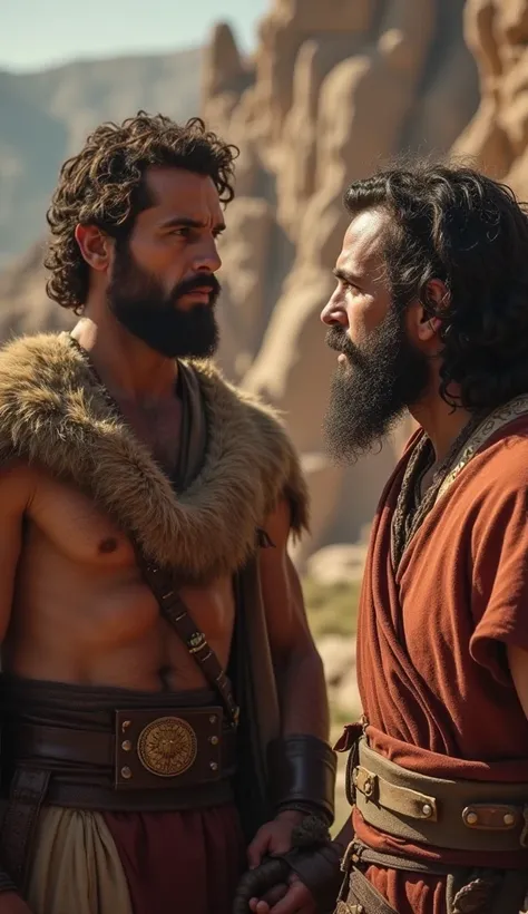 Ultra-realistic 8k image of David recounting his experiences with lions and bears, describing how he fought and killed them. Davids expression is one of confidence and bravery, while Saul listens with increasing interest. The background shows a rugged and ...