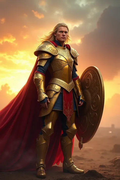 "27 year old male, blond with long hair, bright blue eyes, wearing ornate golden armor with red cape, holding a shield, battlefield background at sunset." generate a new image with a different face than the previous one.