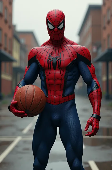 Spider-Man wears a number 5 shirt, standing, and holds a basketball in one hand.