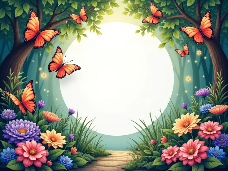  create an image of a realistic enchanted garden with few elements underneath, Not being an image looking like a shady garden .  with a frame with butterflies , colorful, hand-drawn,  elegant cartoon sticker,  isolated cone concept , with enchanted garden ...