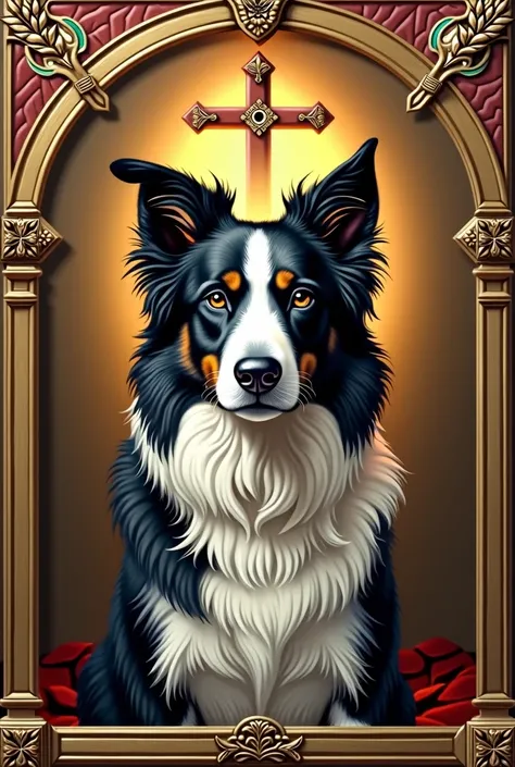  Border Collie dog painted on an icon, holy icon ,  christian icon religious symbols, crosses on the icon, black and white dog 