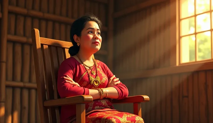 A 50-year-old woman with a stern and cunning expression sits on a wooden rocking chair. She wears bold-colored traditional kebaya and kain, adorned with gold jewelry. Her arms are crossed over her chest as she appears to be giving orders. The background fe...