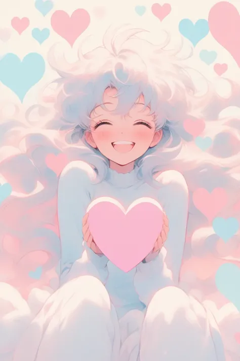 anime style, cute woman, happy smile, pink heart-shaped cropped image, cute pastel fluffy effects, conceptual installation art, ultra detailed, absolutely resolution, masterpiece