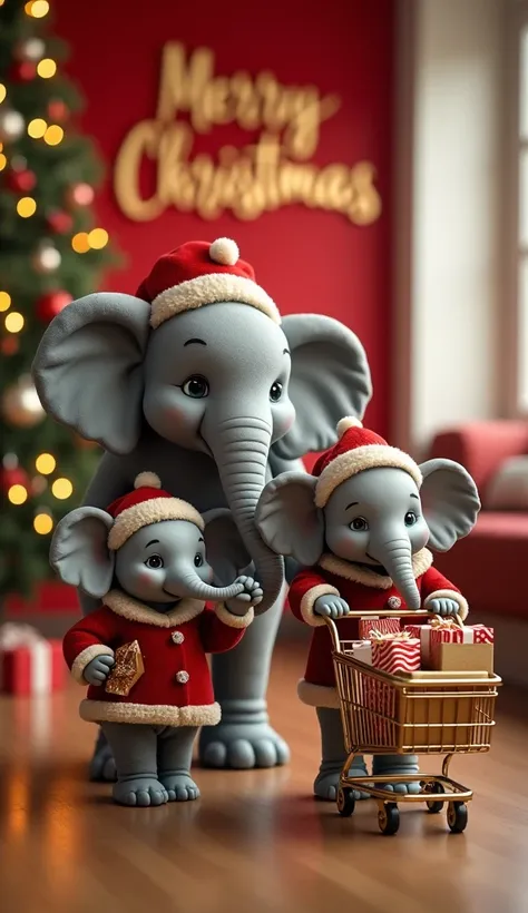 A heartwarming Christmas scene featuring a family of elephants in a festive indoor setting. In the background, a large red banner reads Merry Christmas in golden script, with soft glowing holiday lights and blurred decorations, including a tall Christmas t...