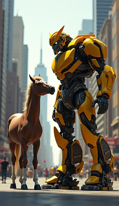 Bumblebee transformer movie character looking at real horse in city near him.