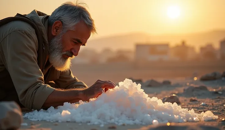 A close-up of a small pile of salt crystals, glistening in the sunlight. In the background, a faint outline of a city is visible, almost ghostly. The salt is glowing, with tiny cracks forming along its surface. The person (Middle Eastern, aged 50, with a w...